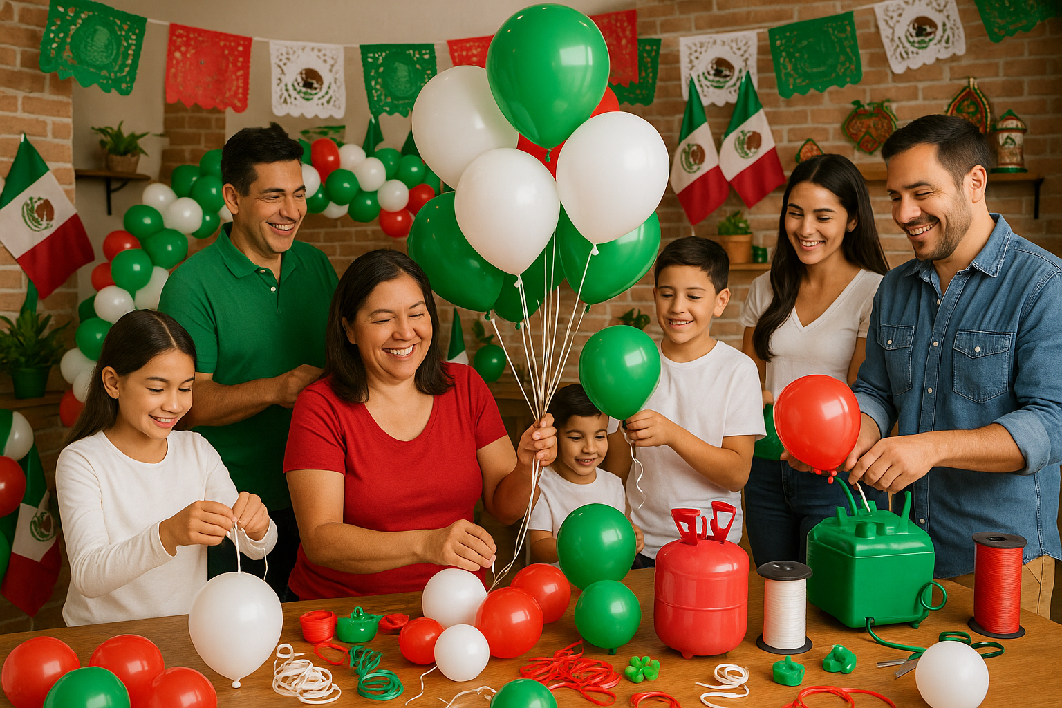 Genera una imagen con personas adornando para el mes patrio en Mexico, sobresalen Globos y Articulos para Adornar los Globos