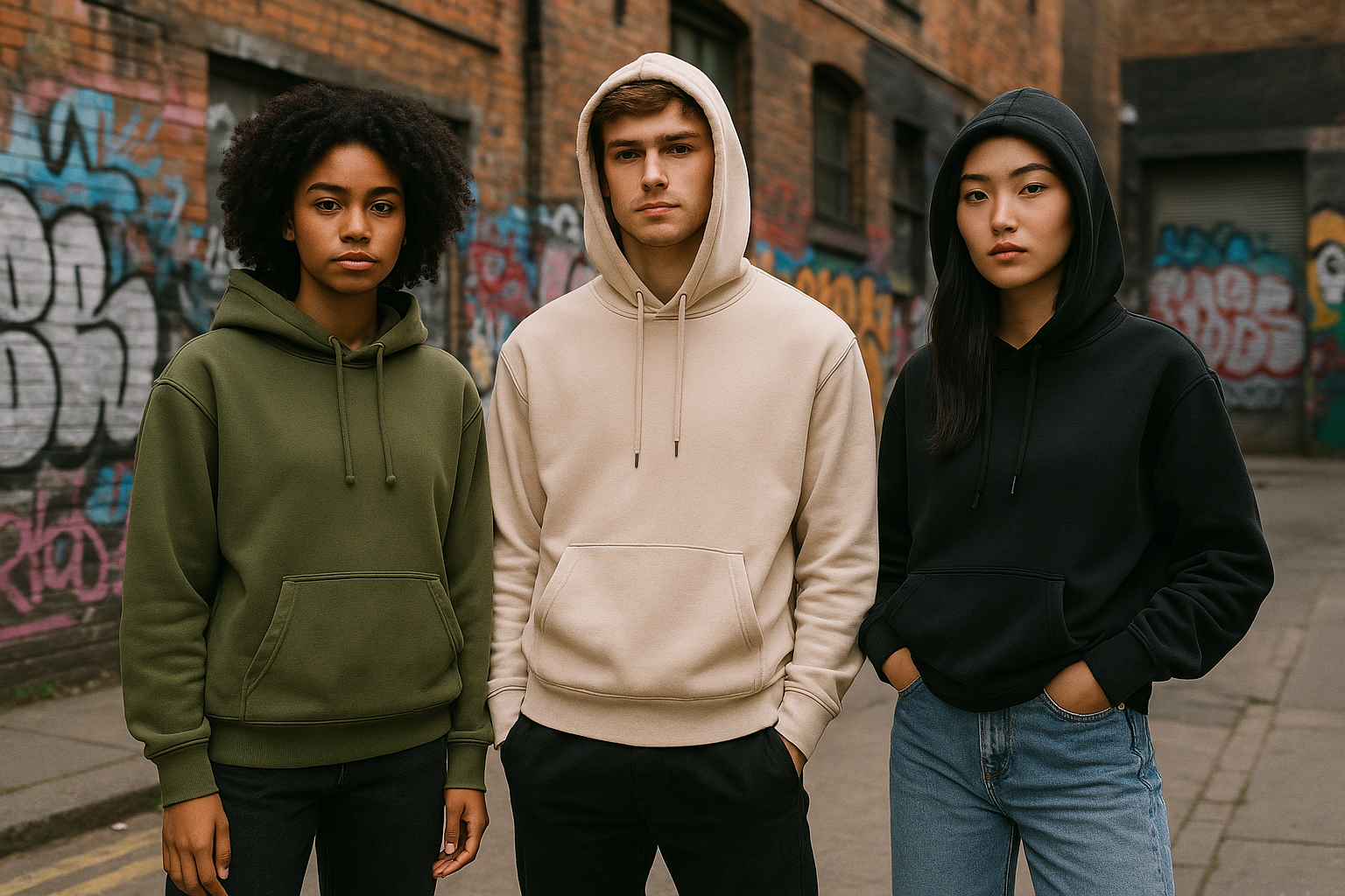 tree young models with hoodies urban aesthetic